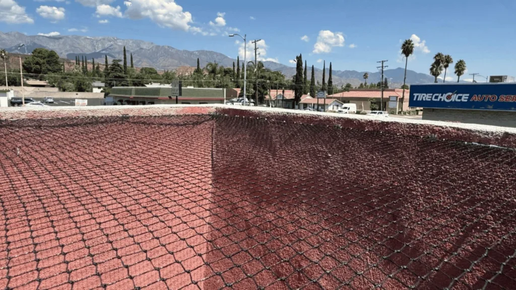 Red safety netting dominates the foreground, with a row of buildings, palm trees, and distant mountains under a bright blue sky in the background.