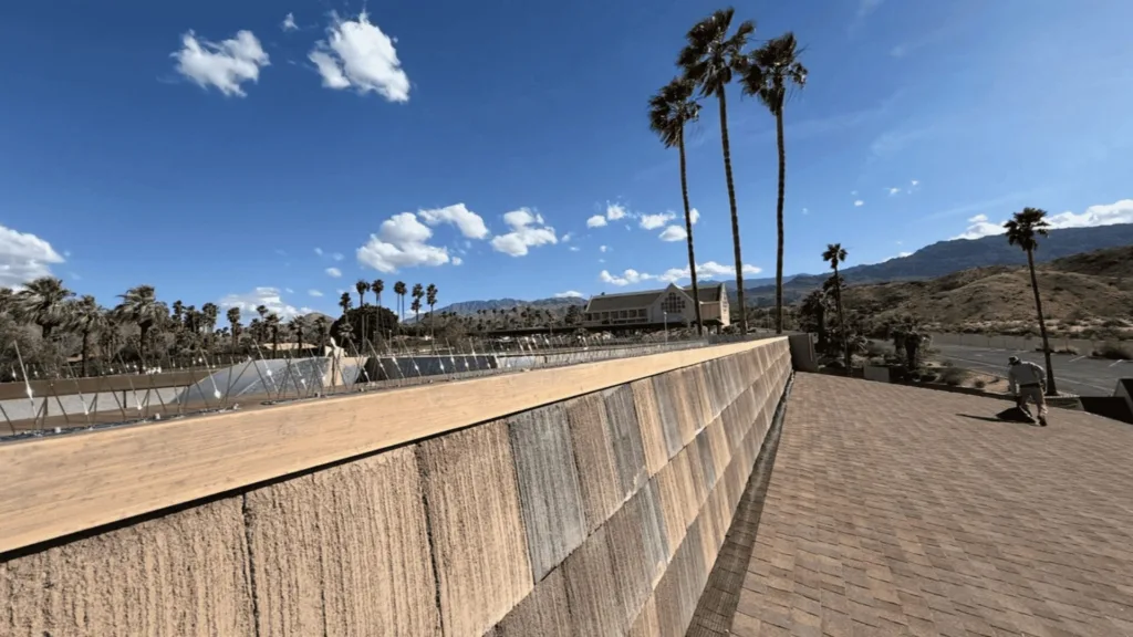 Sunny desert scene with tall palm trees, a stone retaining wall, brick walkway, and distant hills; a person walks toward the right.