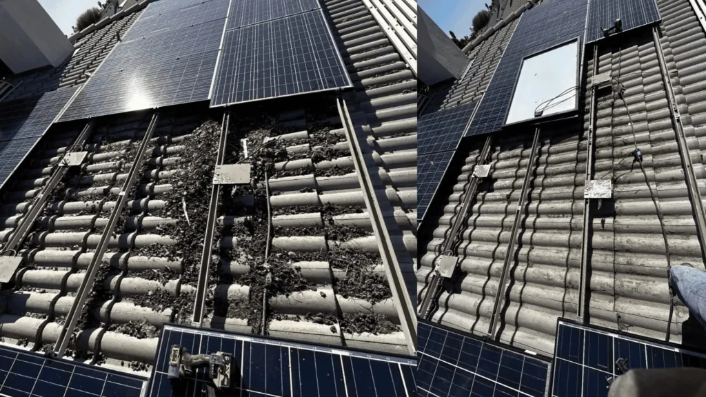 Rooftop solar panels installed on a sloped tile roof, with a ladder and exposed wiring nearby.