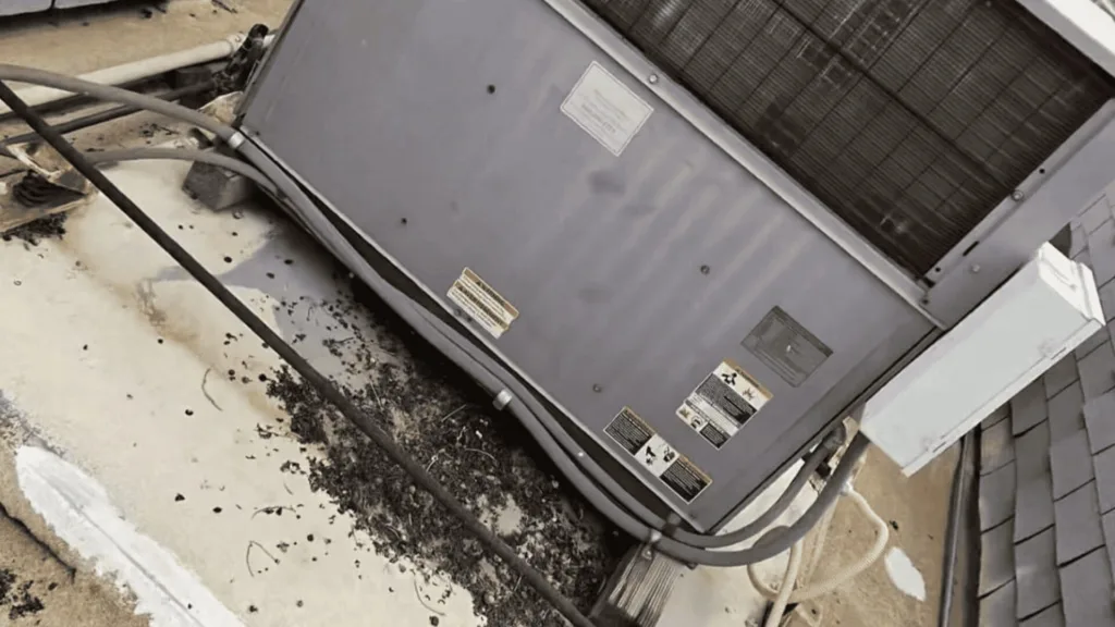 Outdoor air conditioner condenser unit on a dirty rooftop with tangled cables and debris nearby.