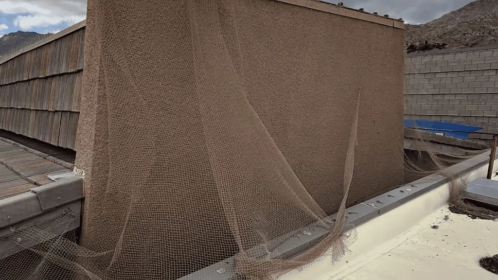 Brown protective netting draped over a construction site wall on a rooftop with mountains in the background.