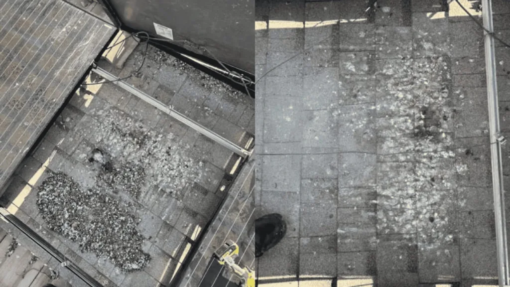 Bird’s-eye view of a building lobby with debris and dust scattered across tiled floors and a metal railing along a doorway.