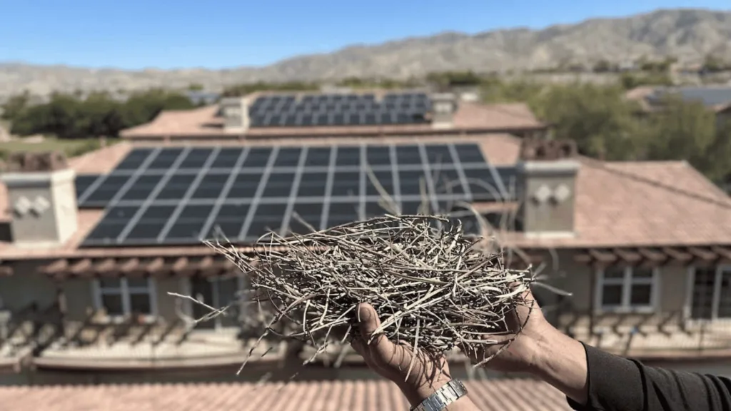 Person holds a tangled coil of barbed wire in the foreground, with a house roof fitted with solar panels and desert mountains in the background