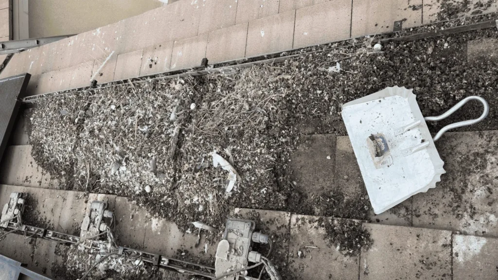 Construction site with concrete steps, debris, and a white plastic bucket on a dirt floor.
