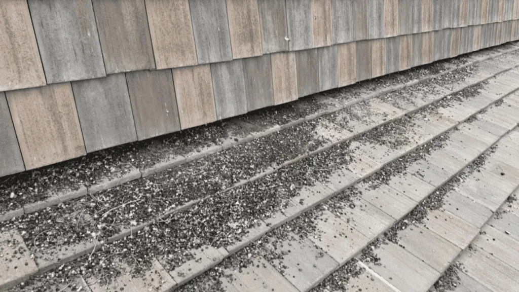 Wooden shingle wall above a concrete stairway with loose gravel and debris along the edge