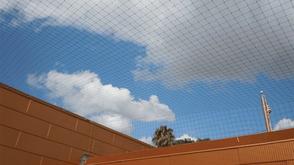 Blue sky with white clouds visible through a diamond-patterned chain-link fence over an orange brick wall.