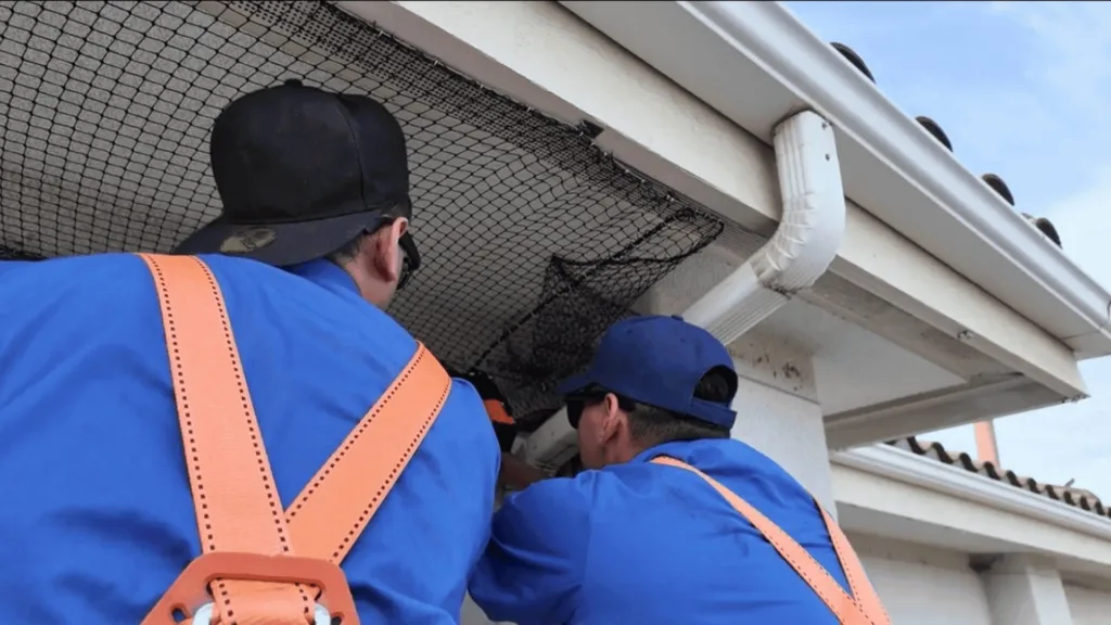 Workers in blue uniforms with orange safety straps install a mesh gutter guard under a roof eave. A white downspout and gutter are visible above.