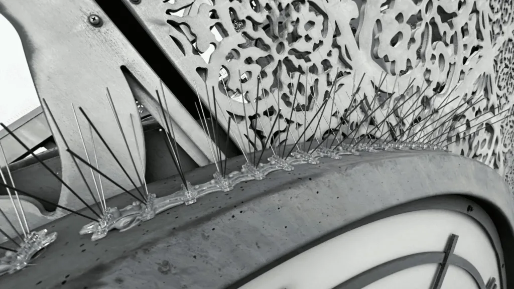 Close-up of a bicycle wheel with a decorative perforated metal panel along the frame, and many thin spokes.