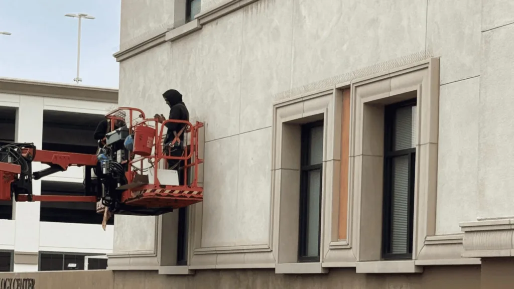 Two workers in dark hoodies on a red elevated work platform beside a beige building facade nearby large windows.