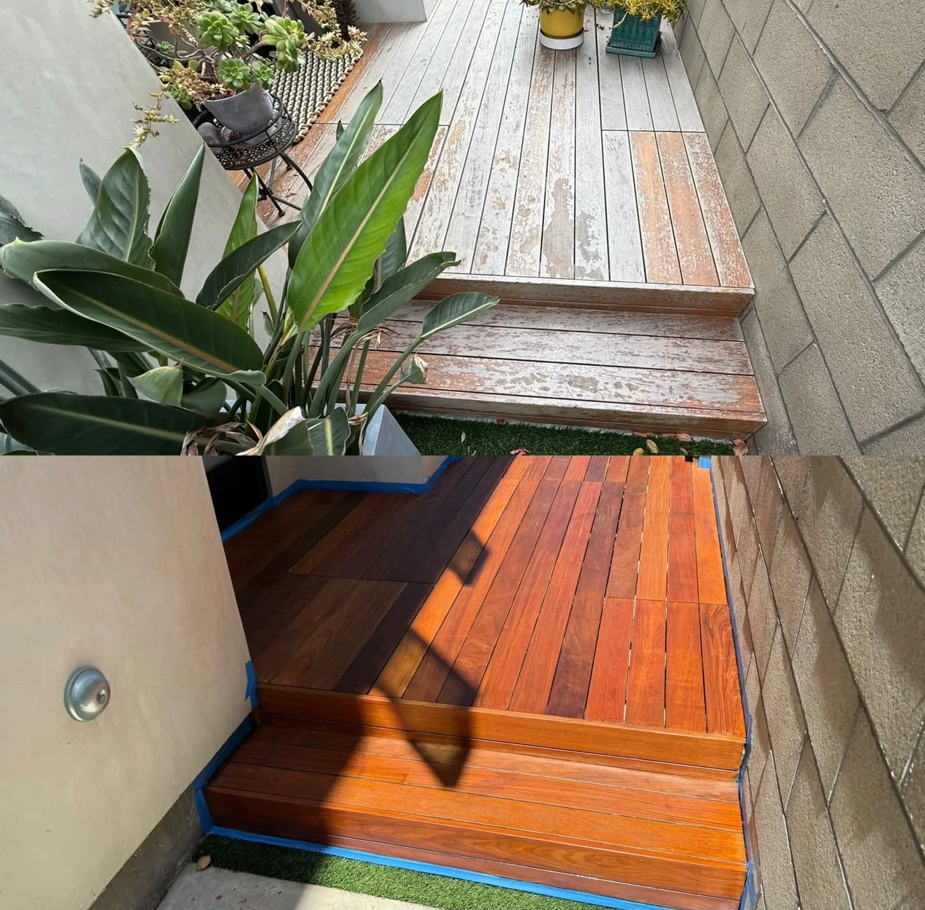 Split view of an outdoor deck: top shows weathered gray wooden boards with potted plants; bottom shows newly polished reddish-brown wood steps with blue trim.