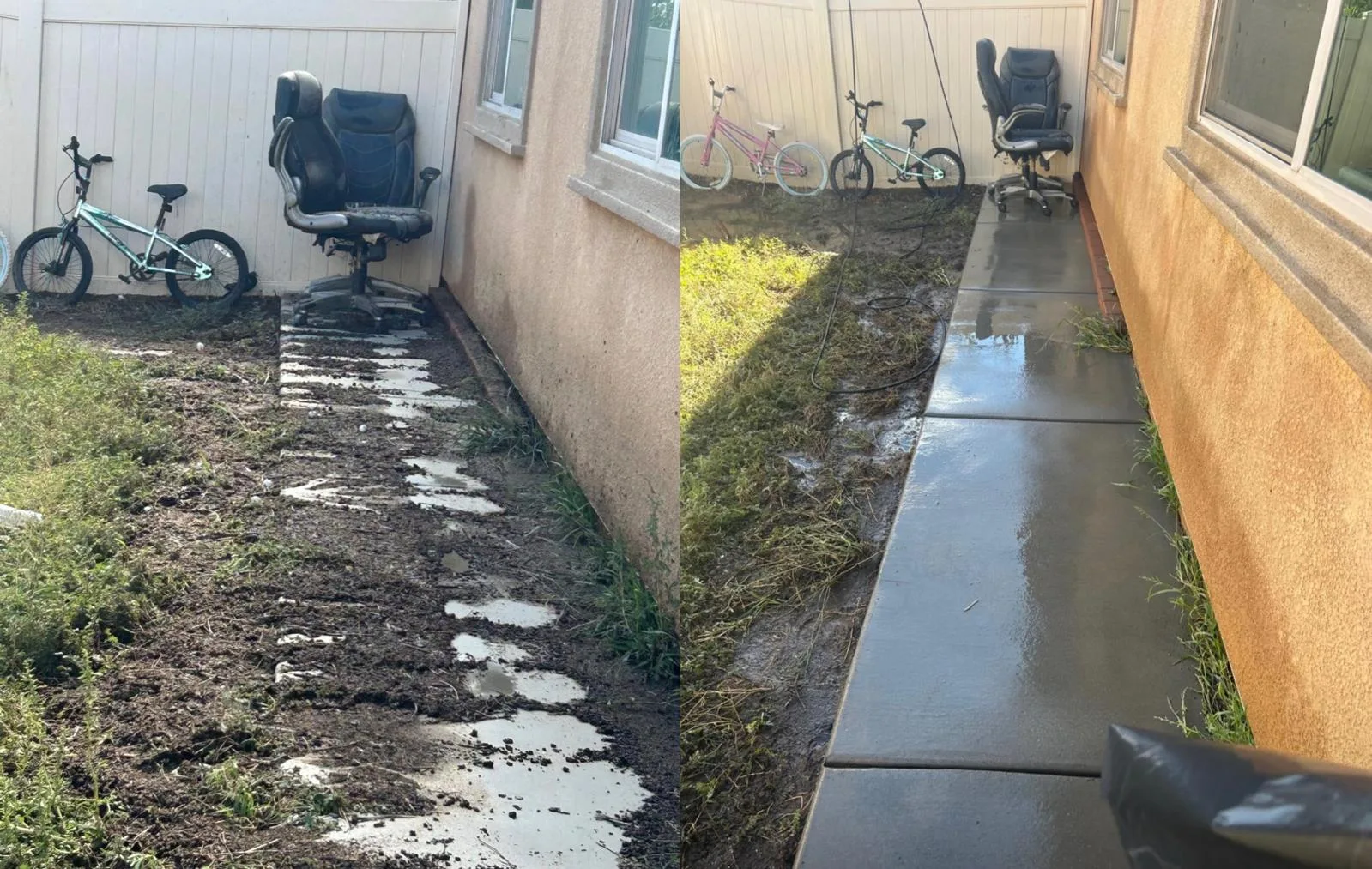 Side-by-side view of a narrow yard: left shows muddy soil, stepping stones, a bike and an office chair against a beige wall; right shows a clean concrete walkway after cleanup.